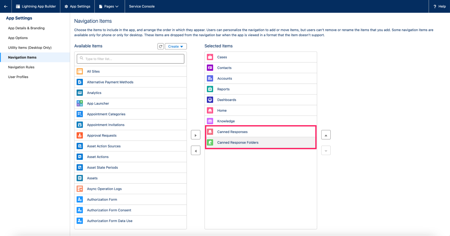 image|A screenshot of adding canned responses and canned responses folders to the selected items under navigation items page.