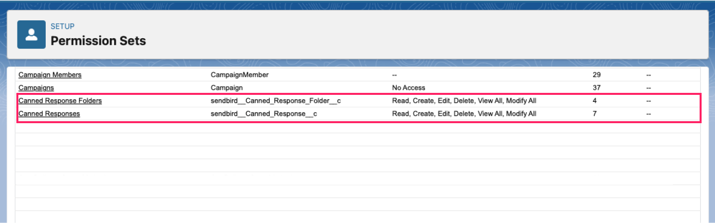 image|A screenshot of Object settings highlighted within the Sendbird lightning user permission sets page.