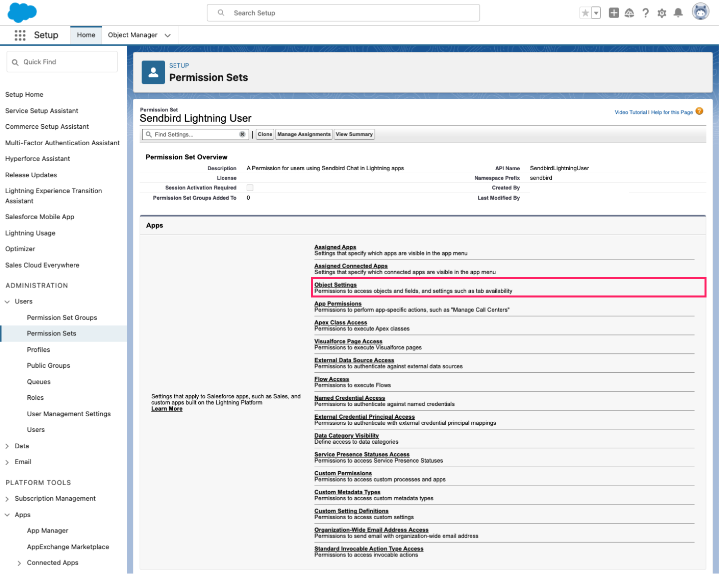 image|A screenshot of Object settings highlighted within the Sendbird lightning user permission sets page.