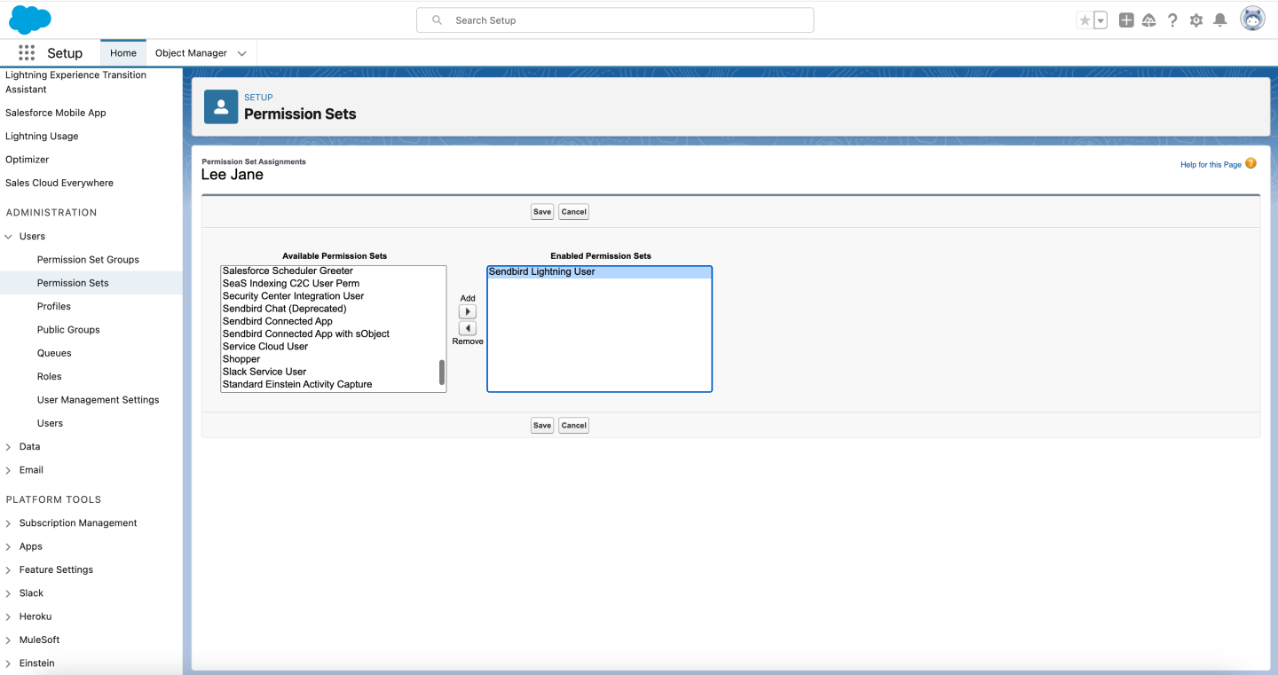 image|A screenshot of Sendbird lightning user added in the enabled permission sets.