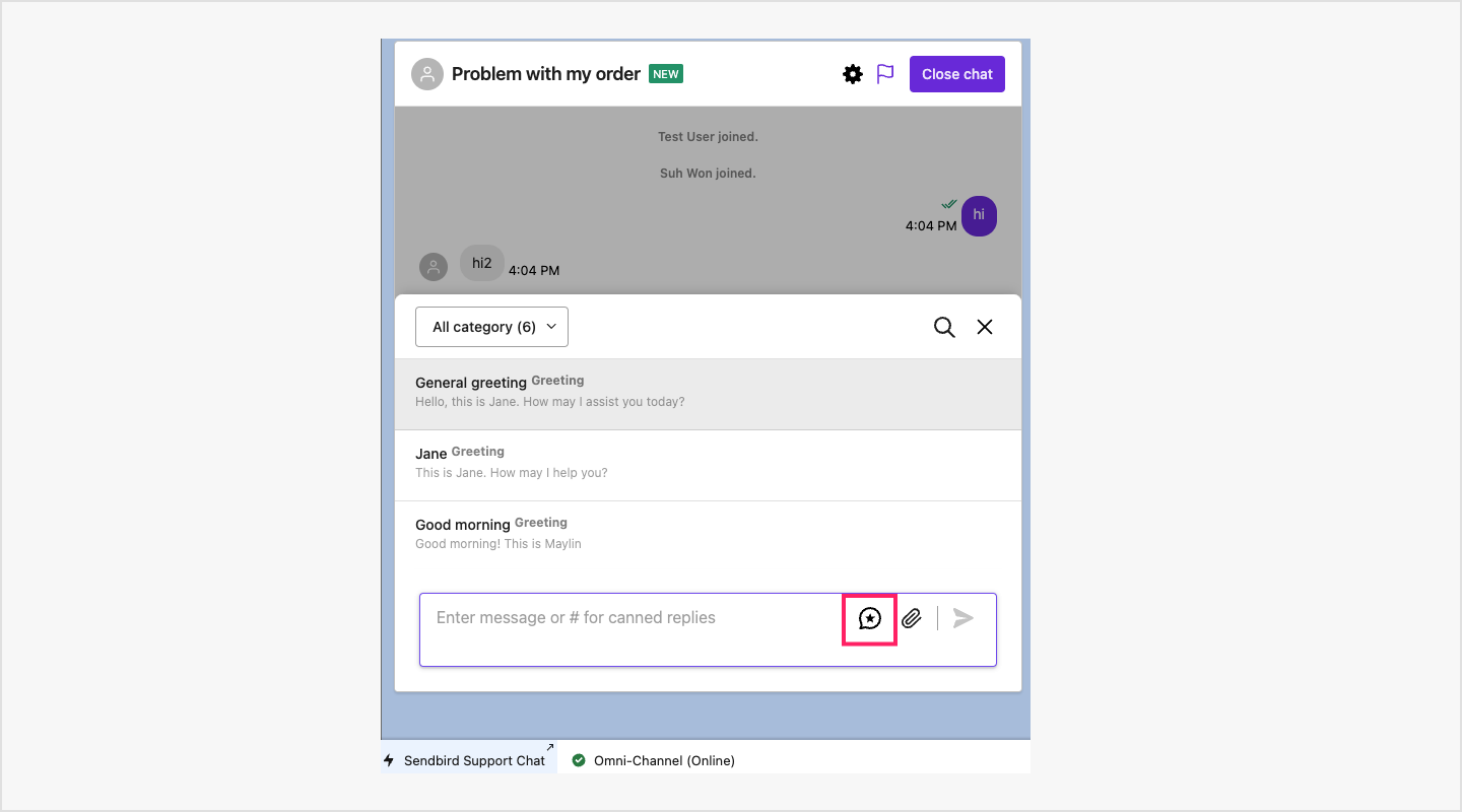 image|A screenshot of Sendbird Chat Panel with the canned response icon highlighted.