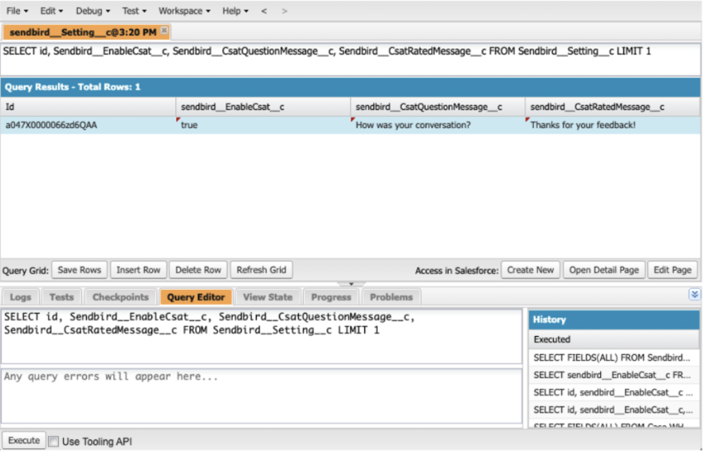 image|A screenshot of the Sendbird__Setting__c object in Salesforce Developer Console.