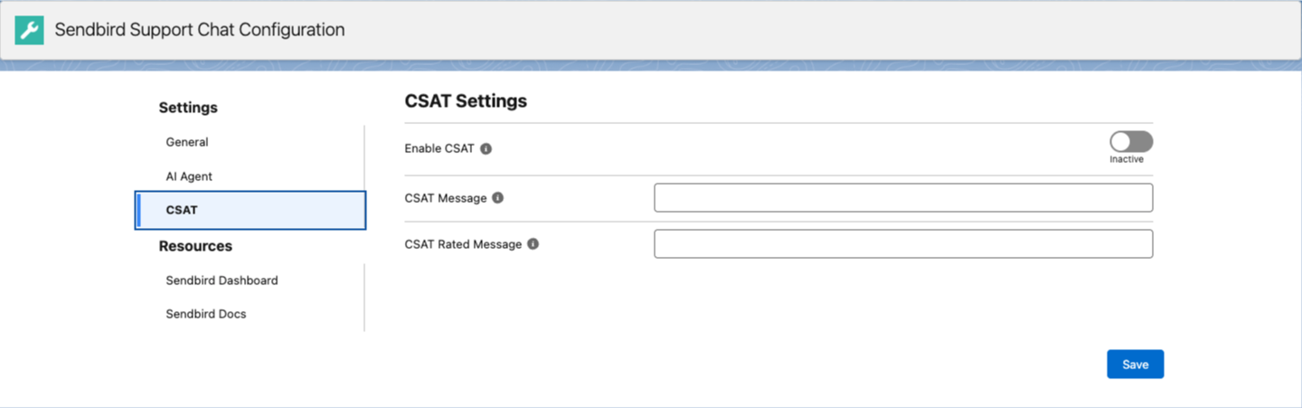 image|A screenshot of the CSAT settings on the Sendbird Support Chat Configuration page