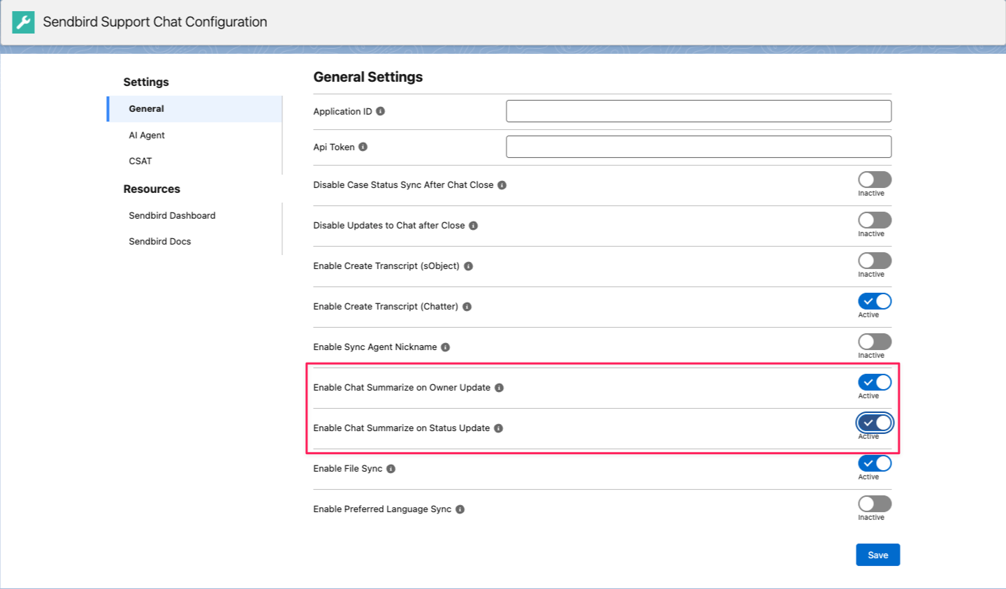 image|A screenshot of the summary settings on the Sendbird Support Chat Configuration page