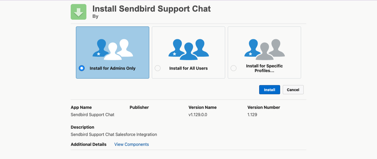image|A screenshot of a popup to install Sendbird Support Chat package