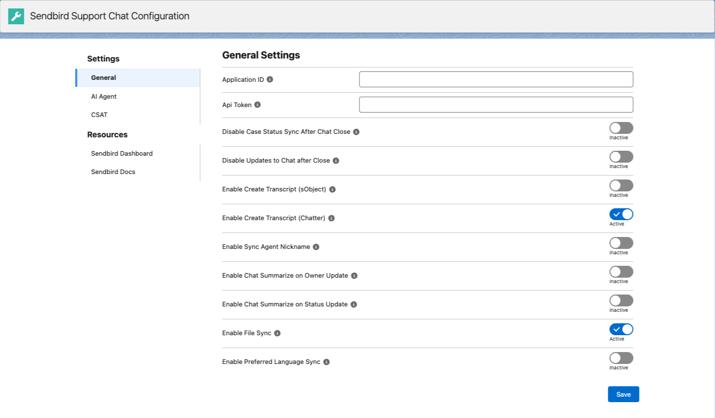image|A screenshot of the Sendbird Support Chat Configuration page
