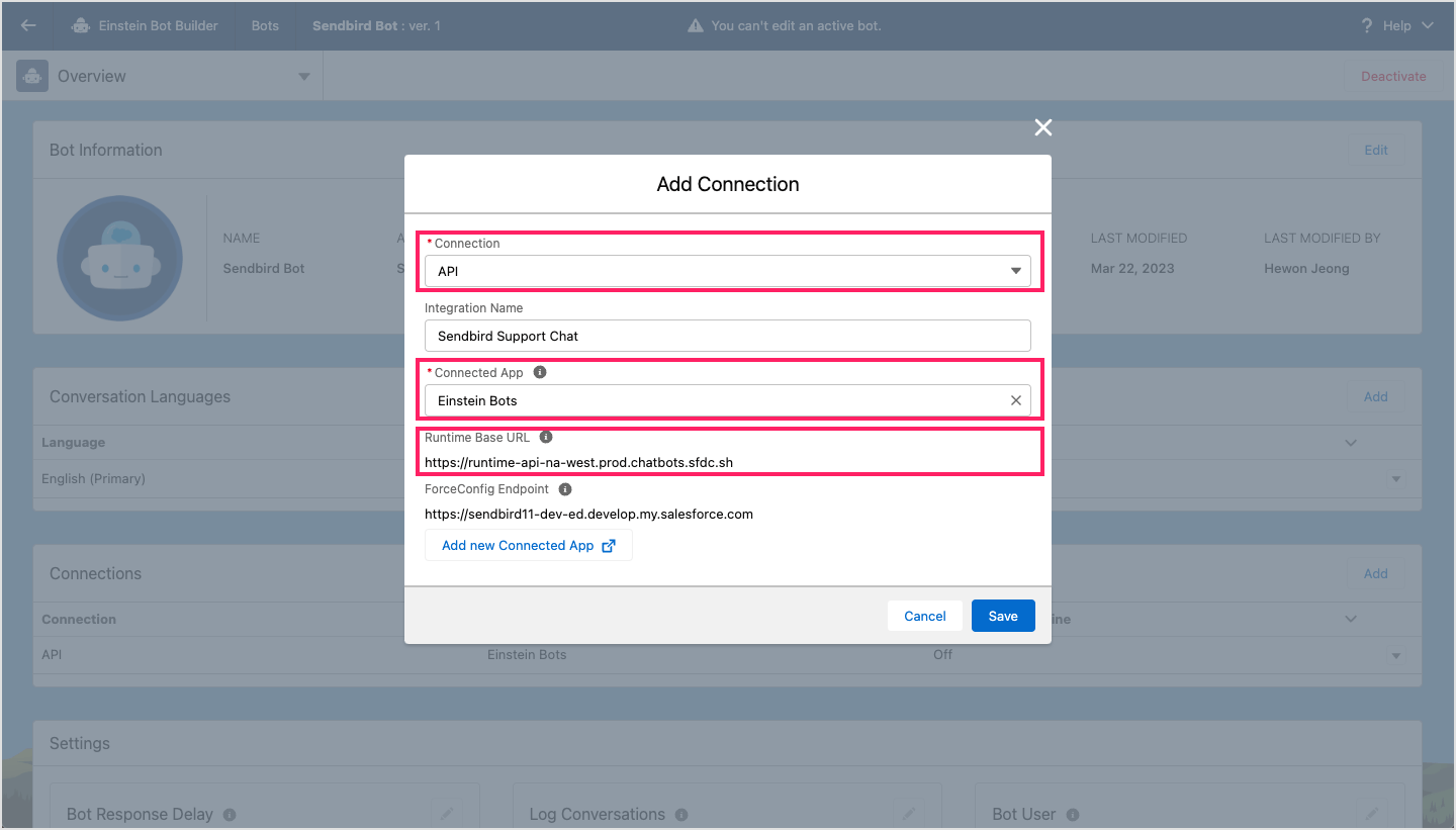 image|A screenshot of the Add Connection popup on Einstein Bot Builder