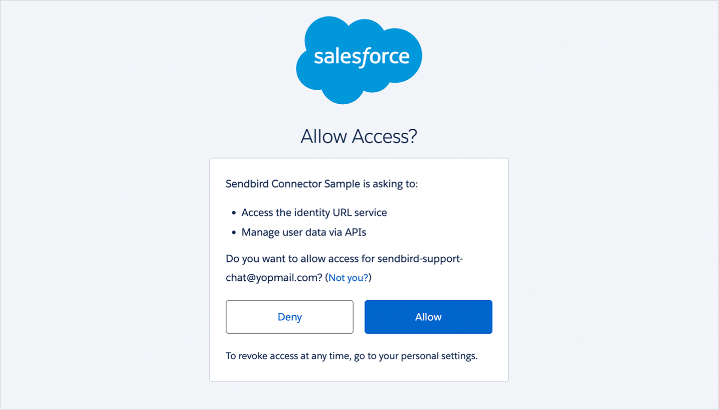 image|A screenshot of a popup Support Chat Connector demo asking access to Salesforce