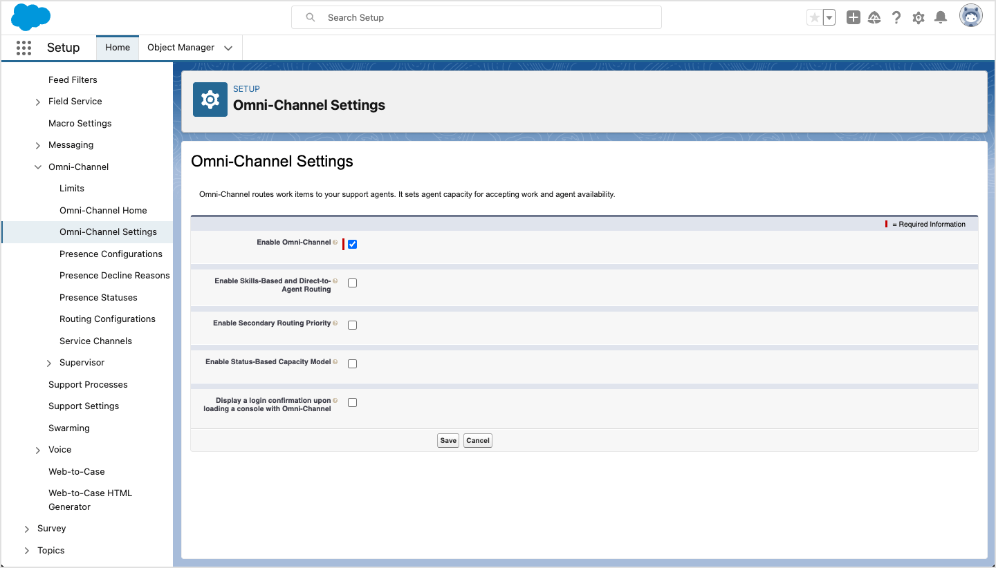 image|A screenshot of Salesforce's Omni-Channel Settings page with the Enable Omni-Channel option checked