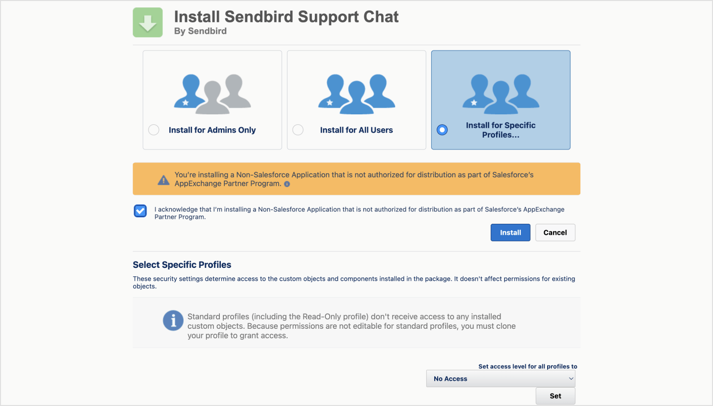 image|A screenshot of a popup to install Sendbird Support Chat package