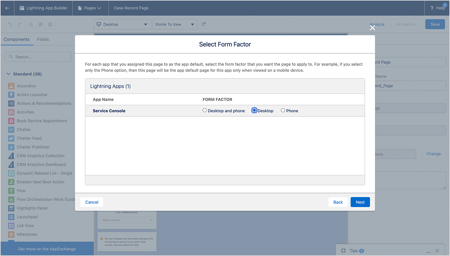 image|A screenshot of a Select Form Factor popup to apply it to Service Console's Desktop view