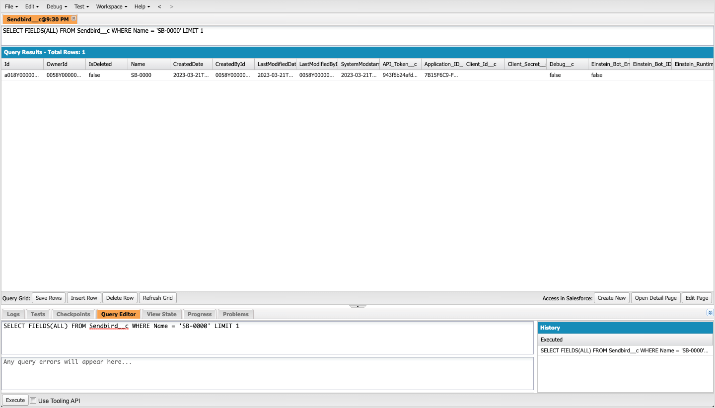 image|A screenshot of Salesforce's Developer Console displaying a `Sendbird__c` object with its Query Editor highlighted