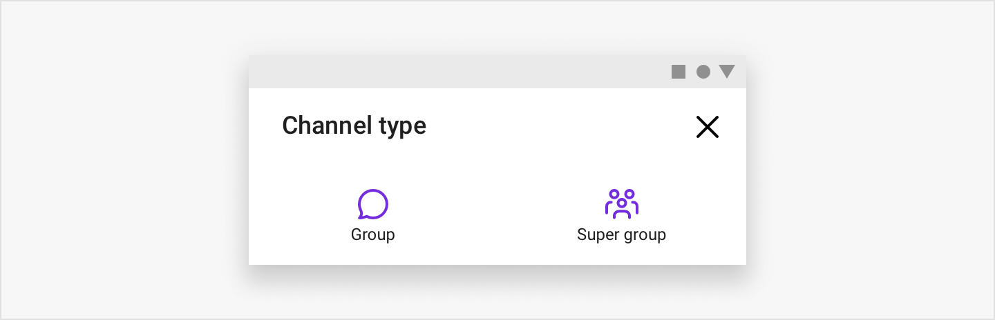 Image|New channel view providing two types of channel to create: Group and Supergroup.