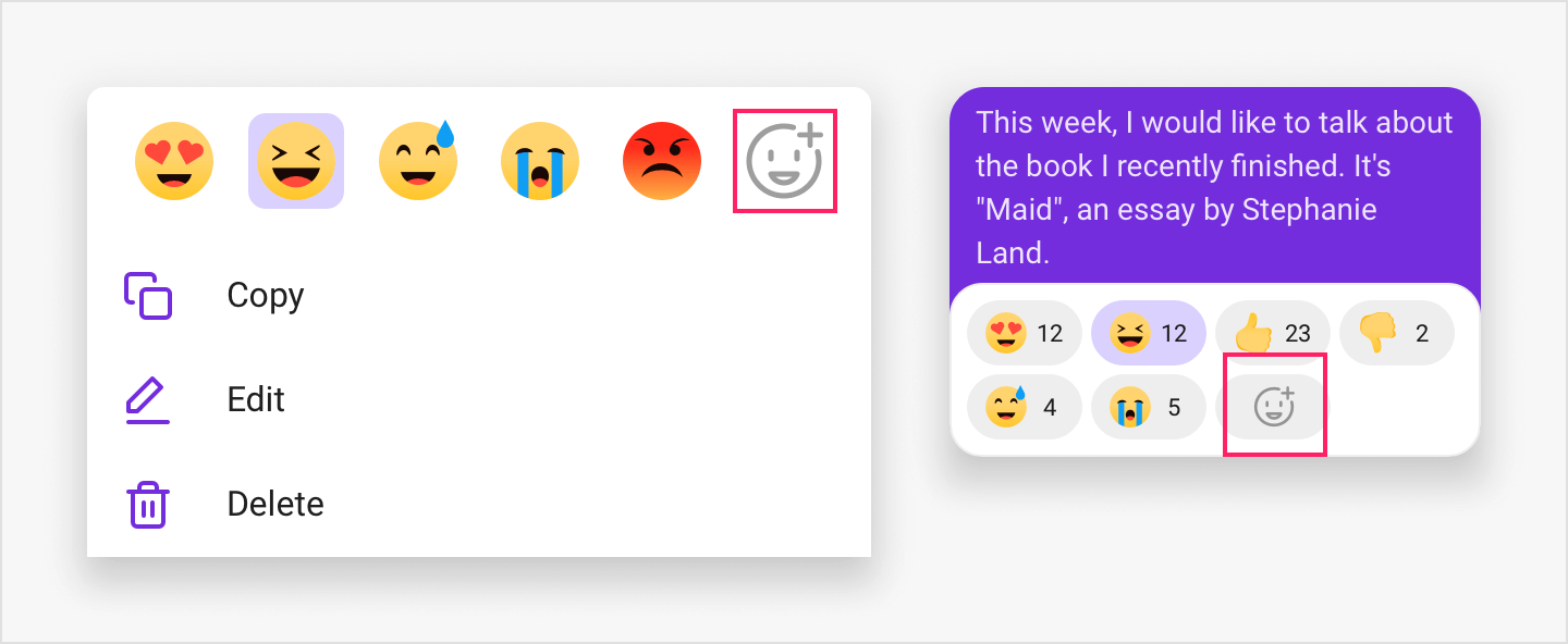 Image|Add reaction button is highlighted in the emoji reaction bar and box.