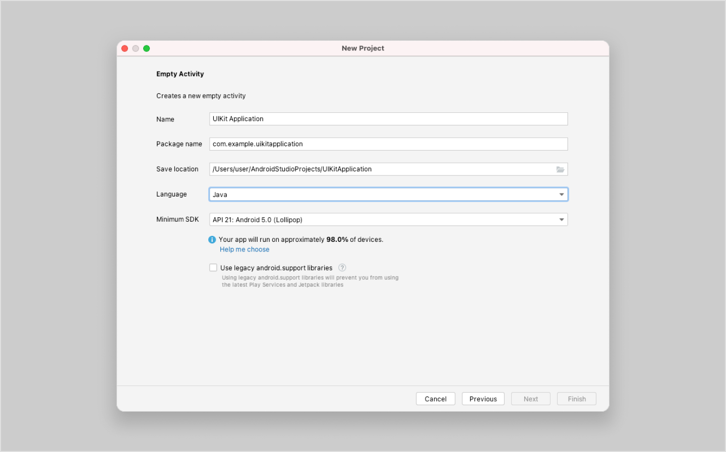 Image|Setting up your project in the Create new project dialog.