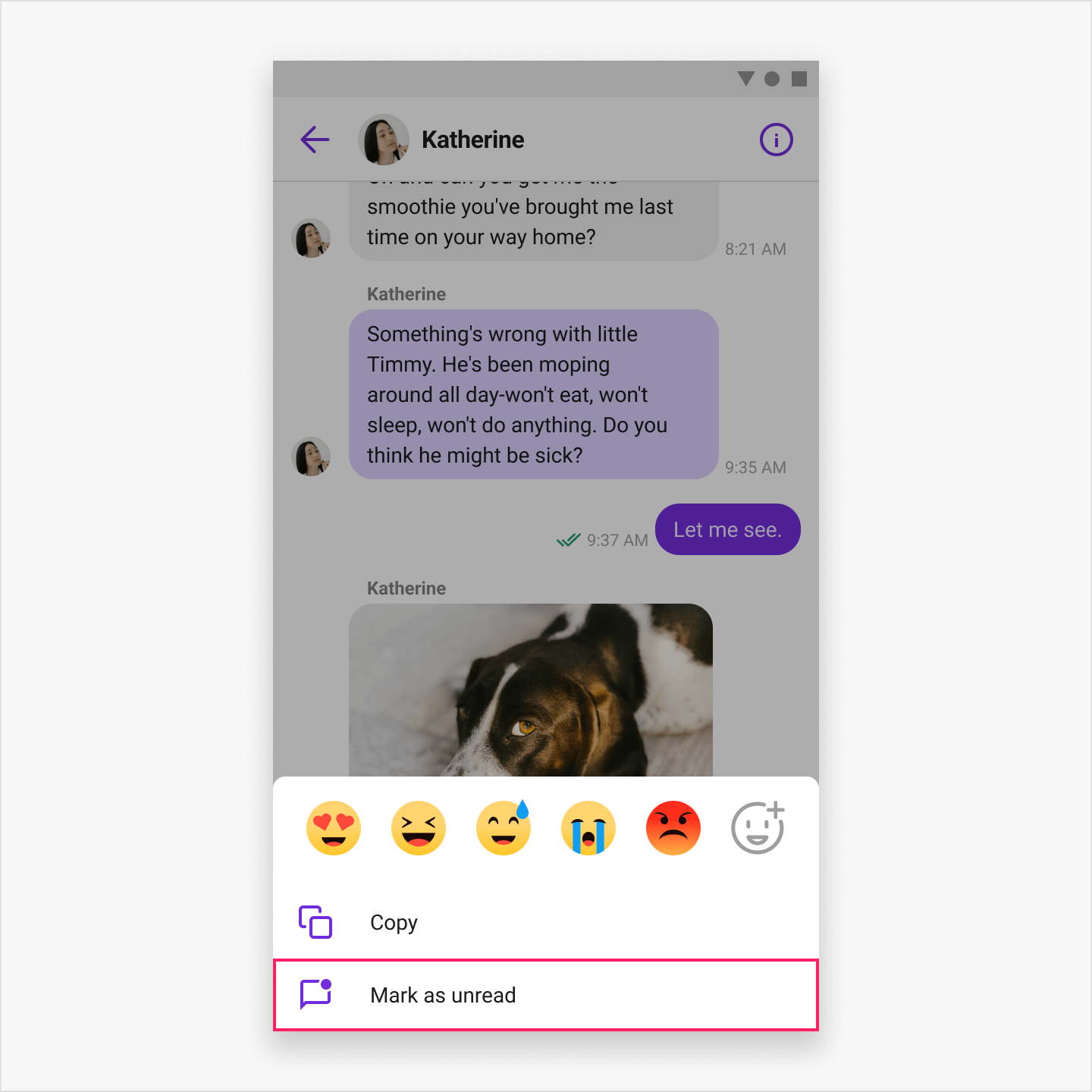 image|Showing the bottom sheet message menu with a Mark as unread option.