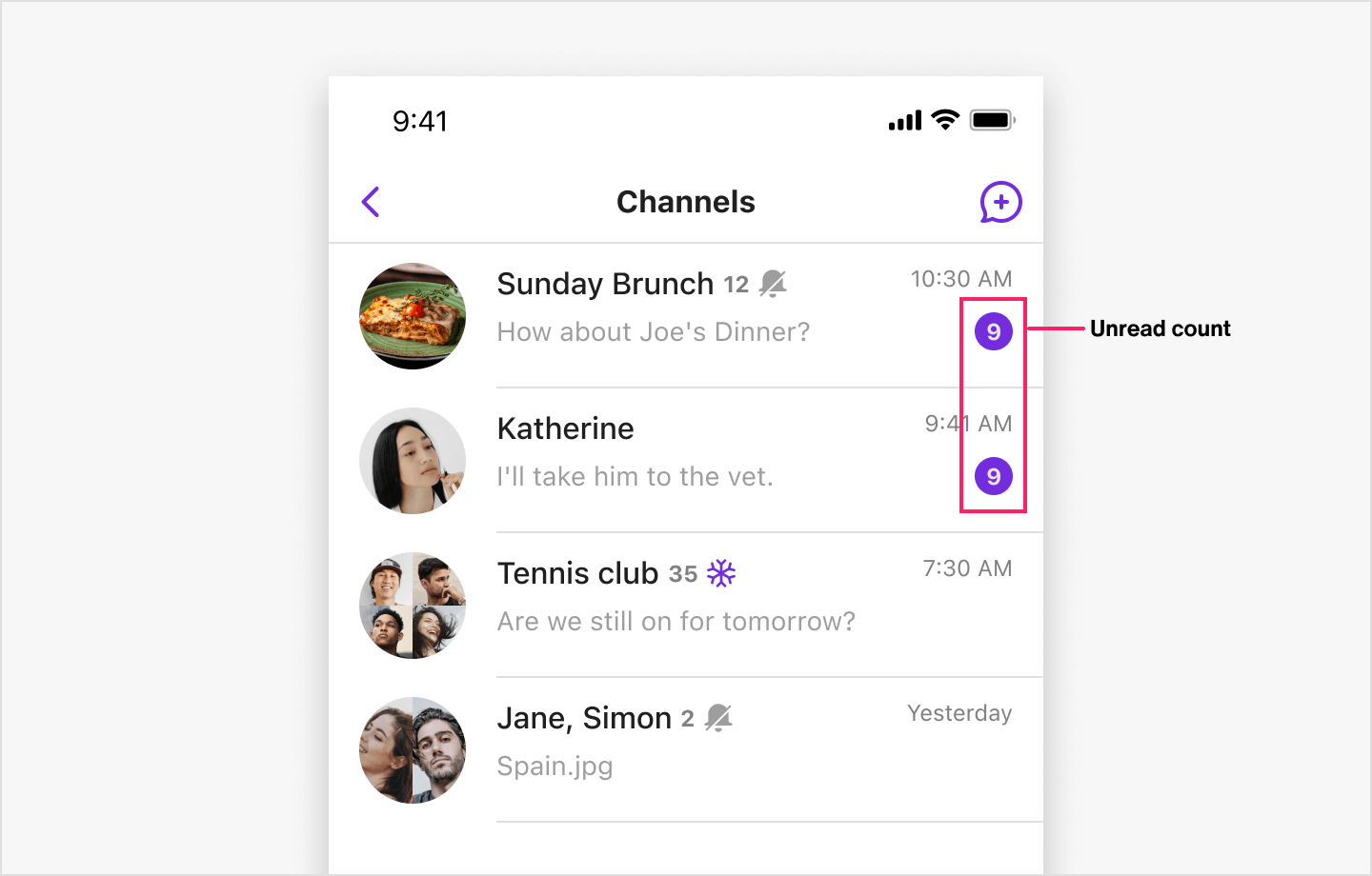 Image|Showing the number of unread messages per channel in a channel list view.