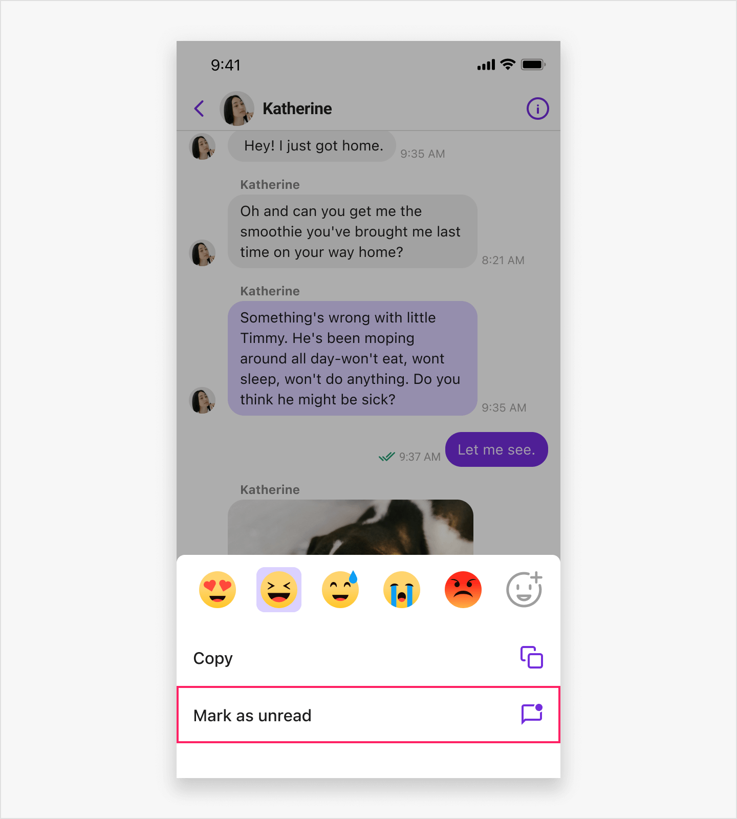 image|Showing the bottom sheet message menu with a Mark as unread option.