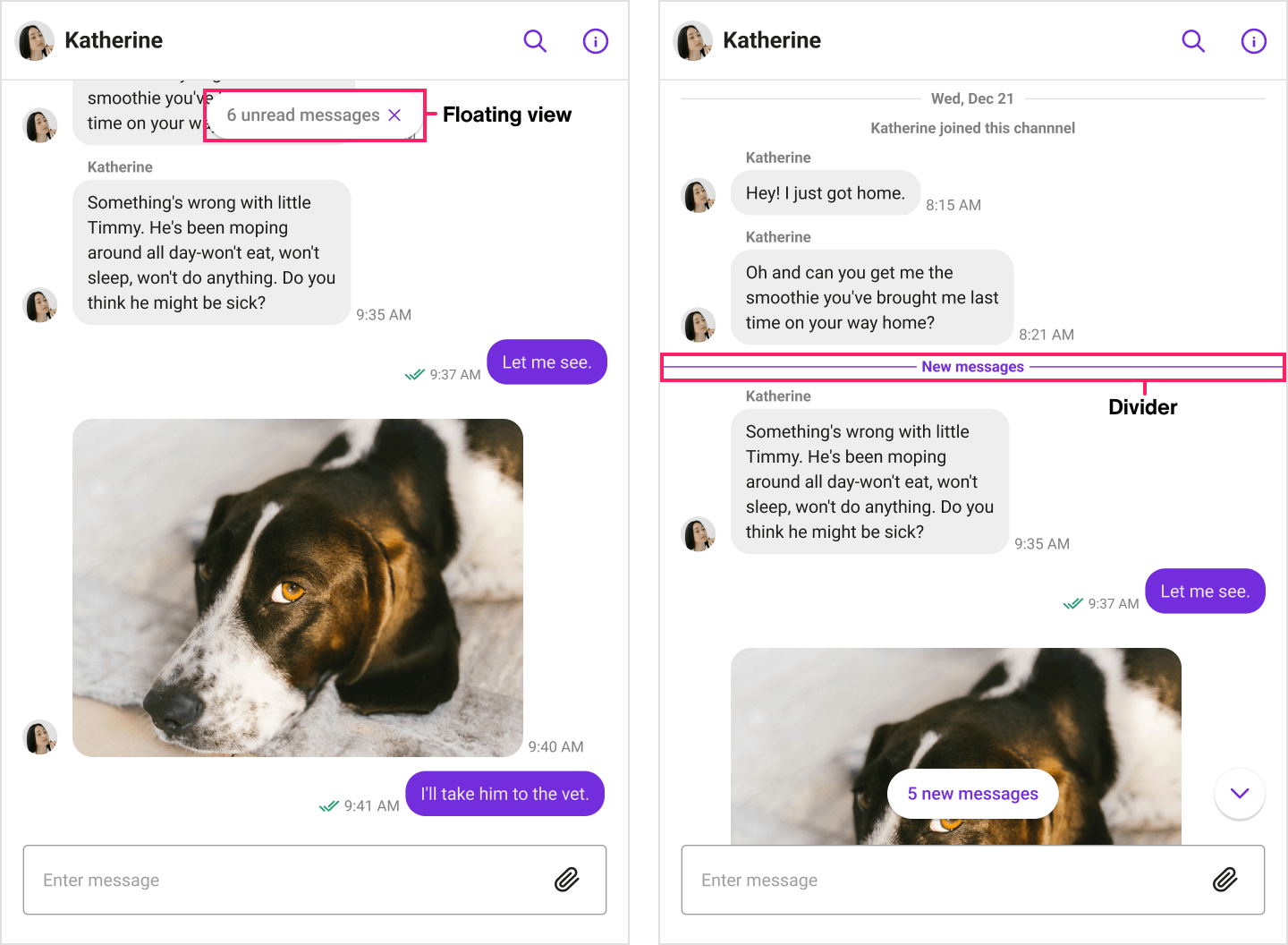 Image|Showing the number of unread messages in the group channel and a line that divides the read messages from the unread.