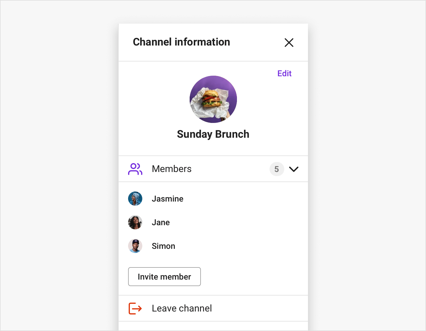 Image|ChannelSettings component showing menus for regular users in Channel information view.