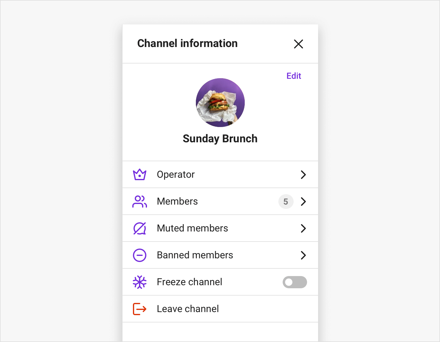 Image|ChannelSettings component, which provides you two types of channel information view with moderation menu and another without it.
