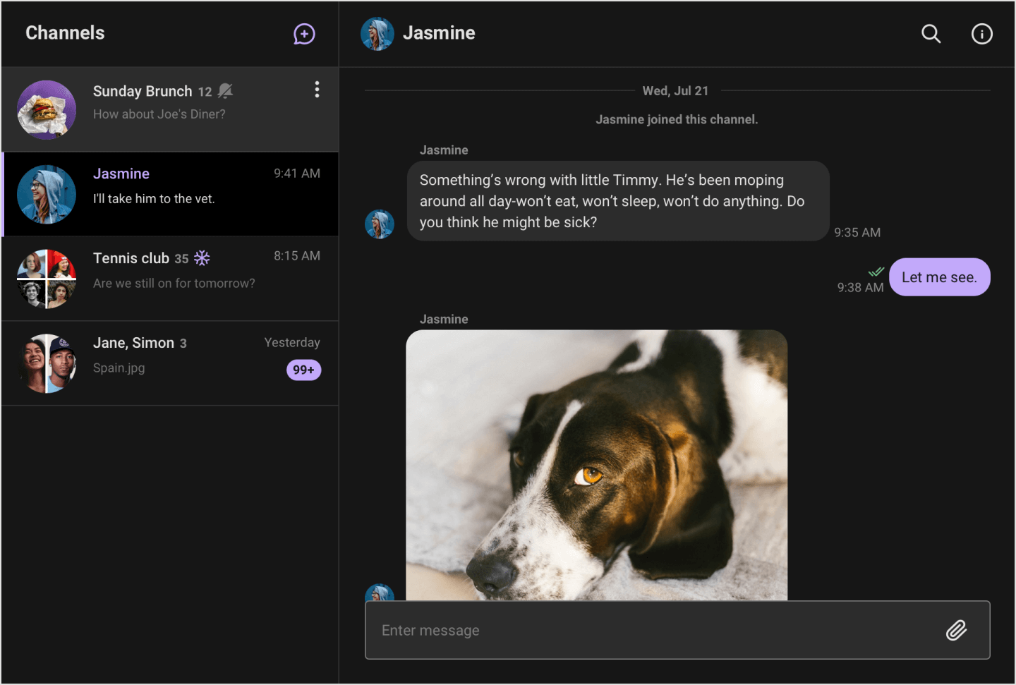 Image|Two UIKit views on the Dark theme are shown: list of channels, chat view.