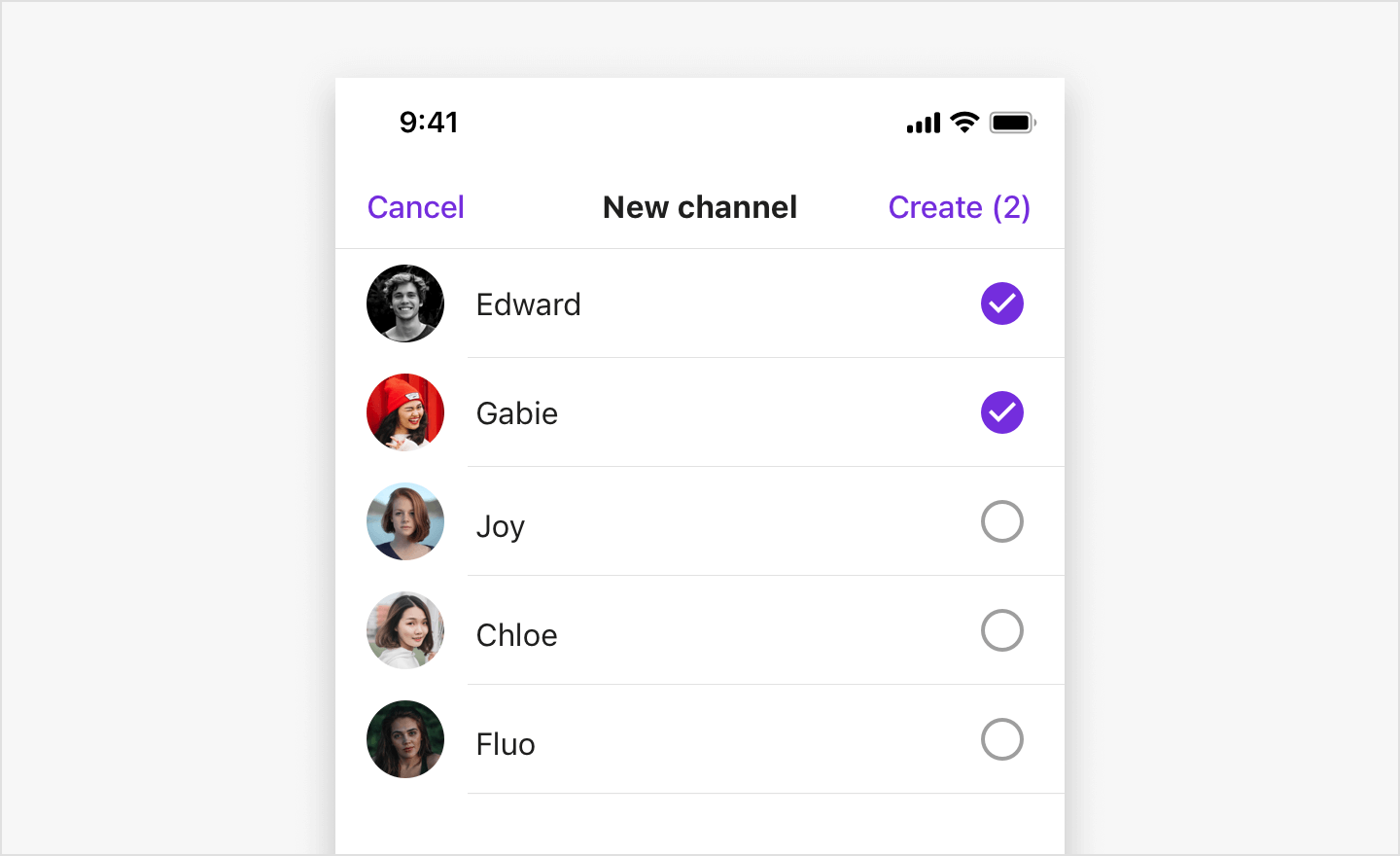 Image|Two users are selected from the user list in the New channel view.