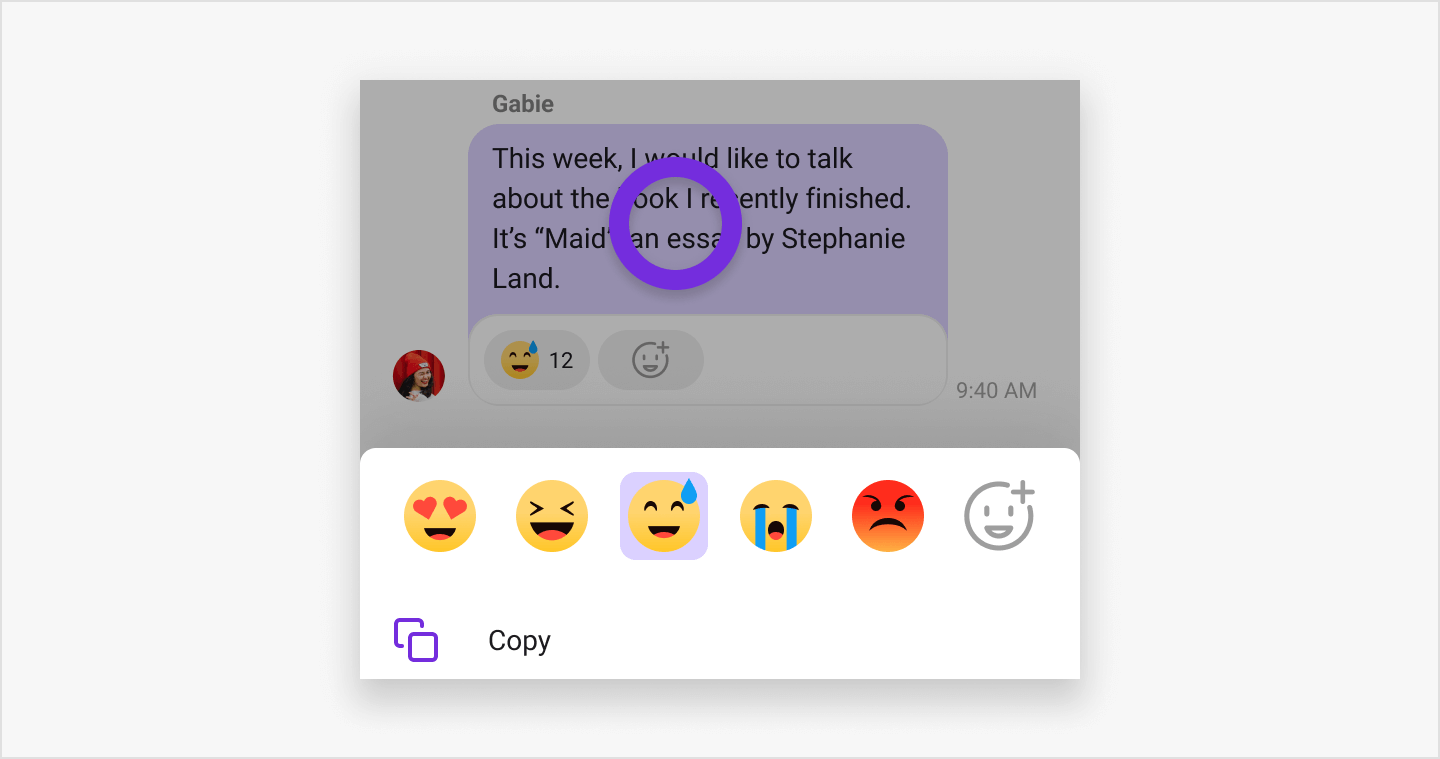 Image|Showing the Emoji reaction bar in the Message menu.